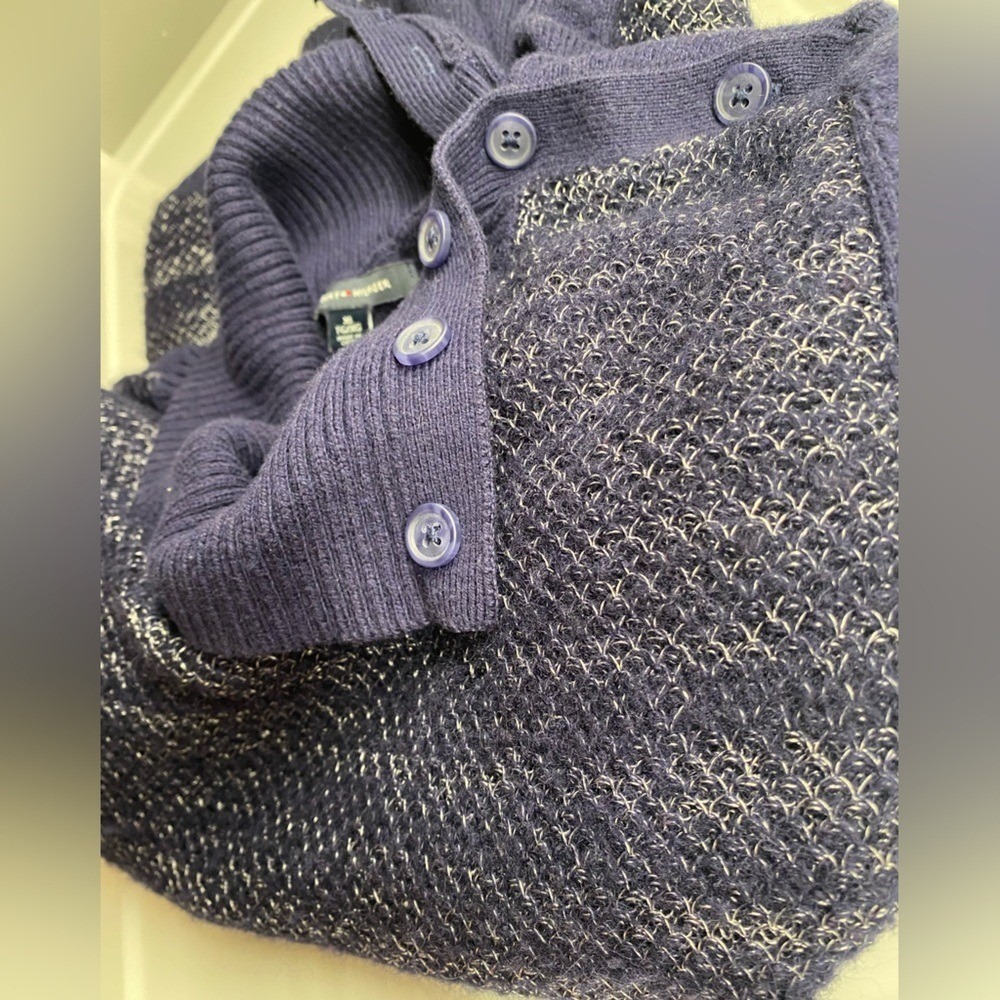 Tommy Hilfiger Navy Sweater w/ Silver Metallic Threads & Button Collar Large/L F - Picture 5 of 5